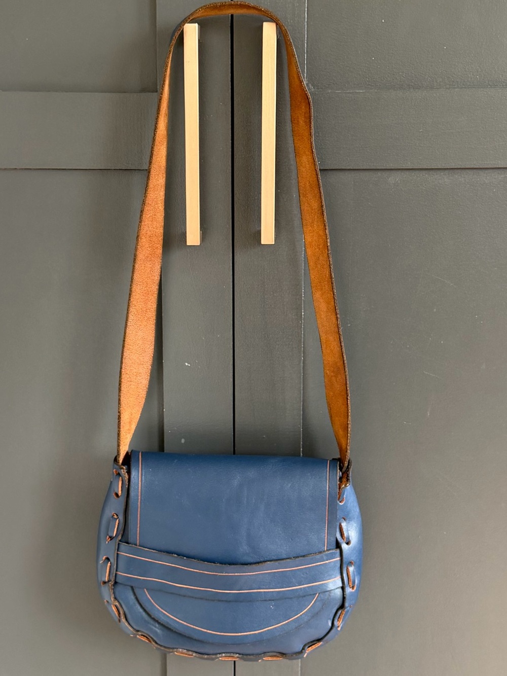 Vintage 1970s Handmade Blue Leather Saddle Bag | Boho Whipstitch Crossbody